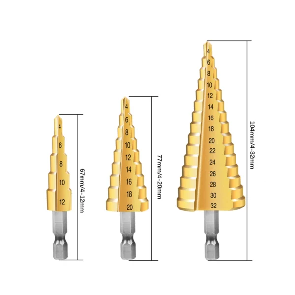 3pcs 4-12/20/32mm Large HSS Steel Step Cone Cut Set Drill Tools Titanium Coated Step Metal High Speed Drill Bit by Prostormer - Image 3