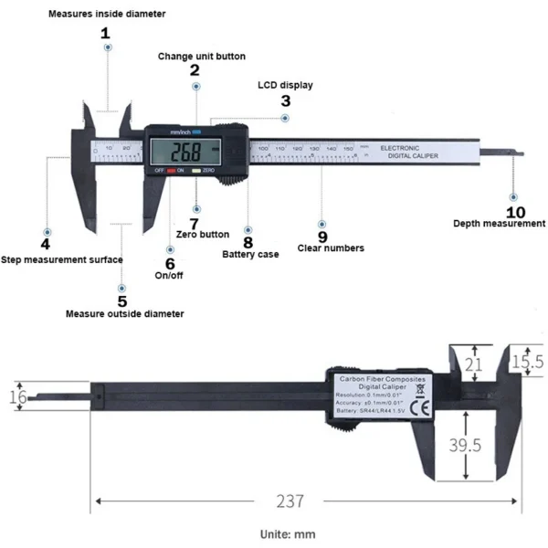 Vernier Caliper 0-150mm 6 inch Measuring Tool Plastic LCD Digital Electronic Carbon Fiber Ruler by PROSTORMER - Image 2