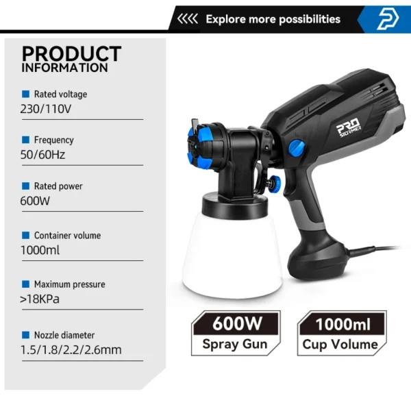 Electric Spray Gun 600W HVLP Household Paint Sprayer 1000ml 4 Nozzle Sizes Flow Control Easy Spraying by PROSTORMER - Image 2