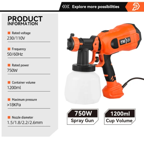 750W Electric Spray Gun 1200ML Paint Sprayer 4 Nozzle Sizes Flow Control Airbrush Easy Spraying Household Tools by PROSTORMER - Image 2