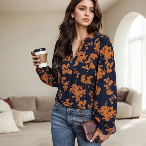 Fashion Streetwear Long Sleeved For Women American Retro Floral Printed V-neck Long Sleeved Blouses Elegant Pullovers Shirts - Image 3