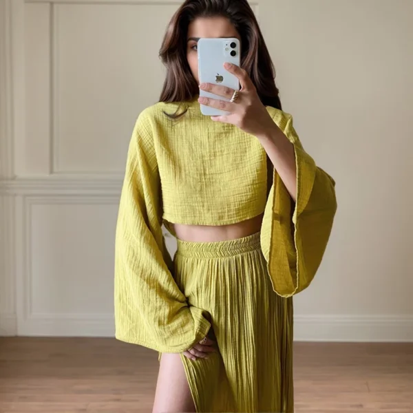 Bohemian Beach VacationTwo Piece Sets Summer New Elegant Cotton And Linen Round Neck Short Top And Split Long Dresses Suits - Image 6