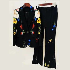Elegant Temperament Ladies' Suit Autumn Flower Printed Single Button Blazer Coat High Waist Long Flare Pants Two Pieces Sets