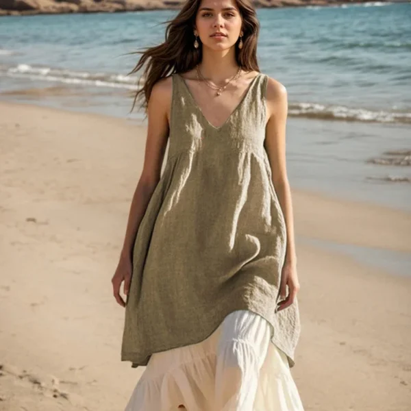 Office Lady Commuter Mid-length Skirt Elegant V-neck Sleeveless Linen Pollure Pleated Strap Pullover A-Line Dresses For Women - Image 2