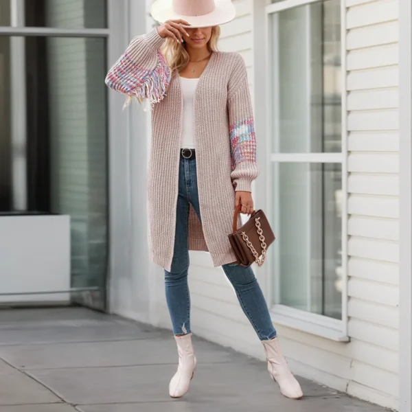 Fashion Mid-calf Length Coat Elegant V-neck Long Sleeve Multicolor Patchwork Tassel Weater Casual Loose Knit Cardigan for Autumn - Image 2