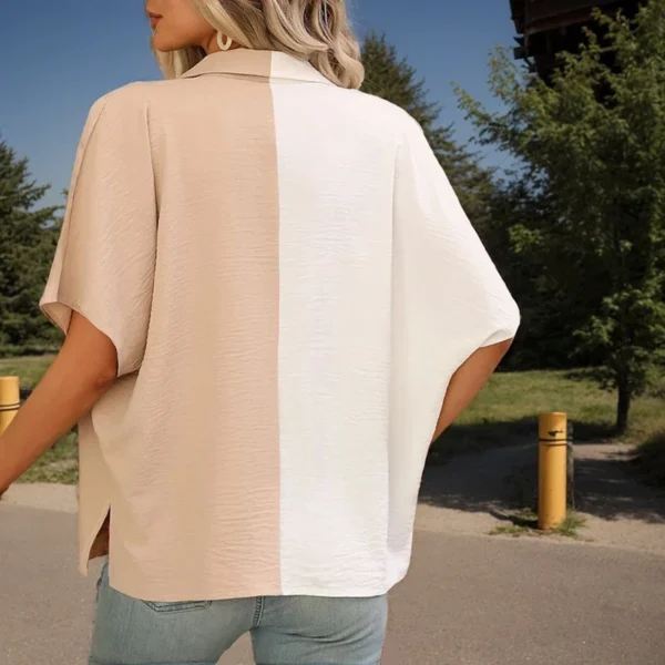 Beach Vacation Casual Blouses Elegant Contrast Color Patchwork Turn Down Collar Single-breasted Short Sleeve Shirt For Women - Image 4