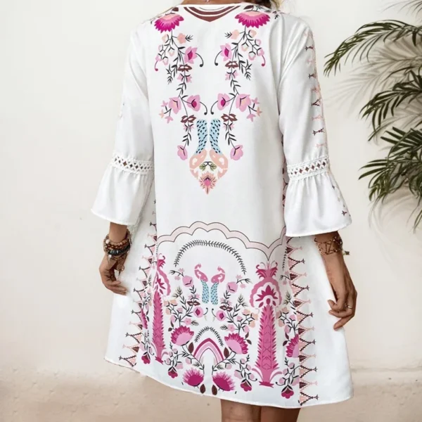 High Street Print Dresses Summer Vintage V-neck Hooked Flower Hollow Lace Panel V-neck Flare Sleeve Loose Dresses For Women - Image 6