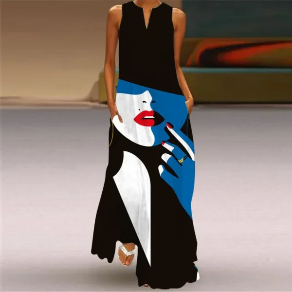 Fashion New Printed Women Dress Summer Vintage V-neck Sleeveless Loose A-Line Dress Elegant Casual Ladies Maxi Dresses Vestidos - Image 4