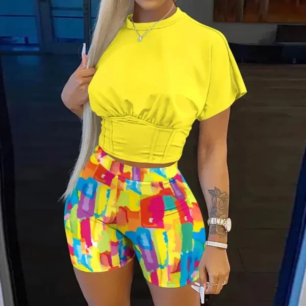 Two Piece Sets Fashion Printing Slim Waist O-Neck Short Sleeve Tops and Short Sets 2 Pcs Suit Casual Holiday Women Clothing - Image 3
