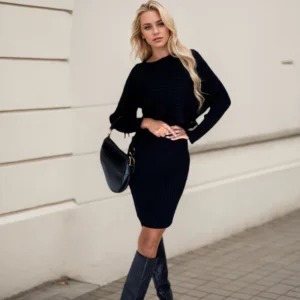 Spring Autumn New Solid Slim Two-Piece Sets Fashion Long Sleeve Knitted Sweater And Knitted Pit Stripe Dress Suits For Women