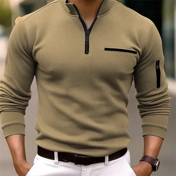 Europe and the United States autumn fitness muscle men slim POLO shirt arm zipper wear men's striped long-sleeved blazer - Image 2