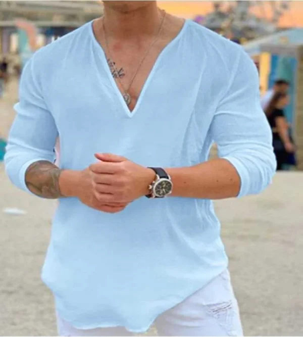 Summer men's T-shirt Solid color three-point sleeve V-neck casual shirt Loose fit Sweatshirt top Streetwear - Image 3