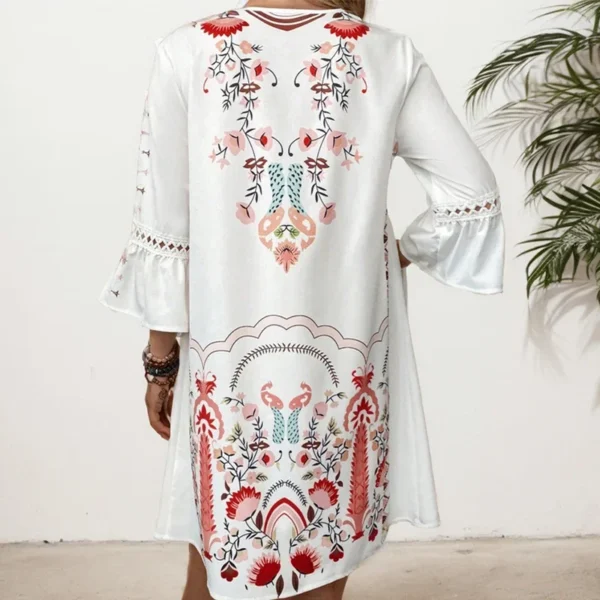High Street Print Dresses Summer Vintage V-neck Hooked Flower Hollow Lace Panel V-neck Flare Sleeve Loose Dresses For Women - Image 4