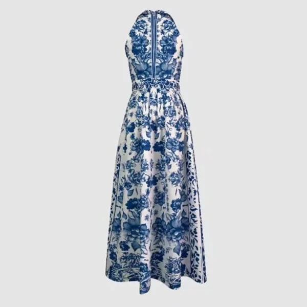 High Street Retro Blue Printed Women's Dress Fashion Floral Printed Turn-down Collar Sleeveless High Waist Slim Fit A-line Dress - Image 5