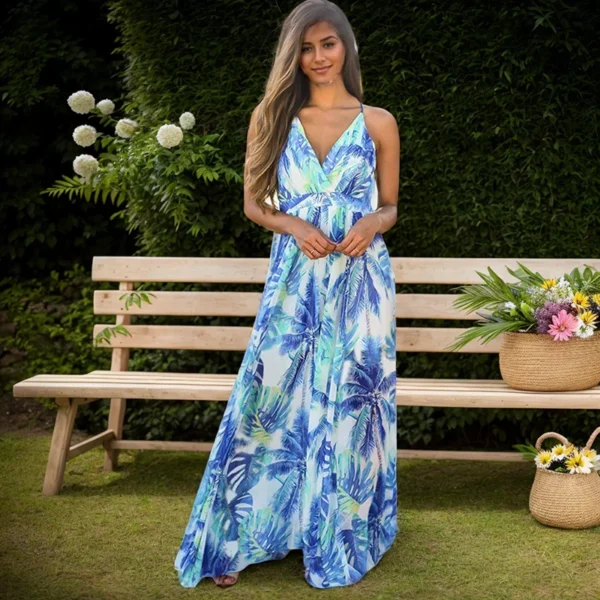 Summer Beach Sundress Women Fashion Sleeveless Sling V-Neck Print Floral Higt Waist Long Dress Temperament Elegant Dress Vestido - Image 3
