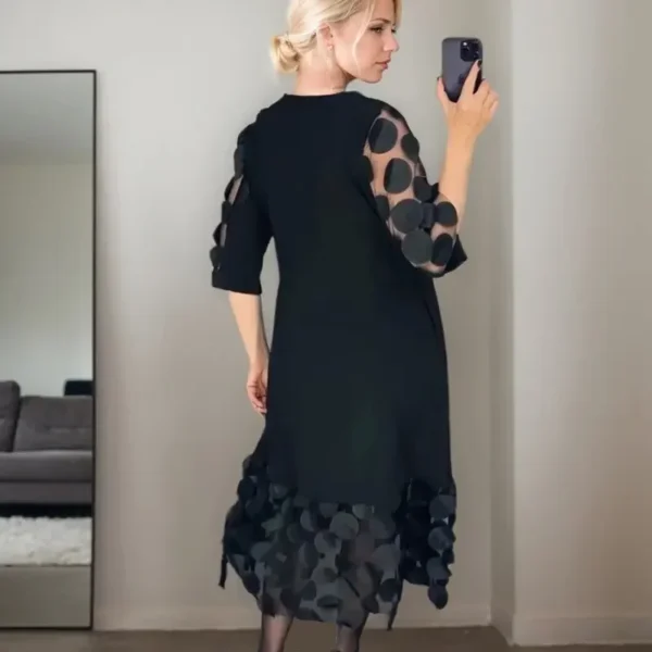Retro Black Dotted Mesh Patchwork Long Dress For Women Korean Fashion Round Neck Half Sleeve Solid Color A-Line Pullover Dresses - Image 3