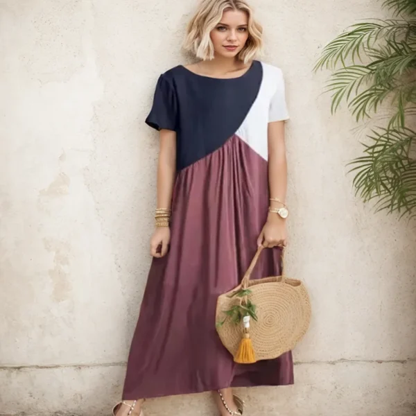 Fashion New Geometry Patchwork Women Dress Round Neck Daily Short Sleeve Long Dress Summer Causal Loose Higt Waist Beach Dress - Image 4