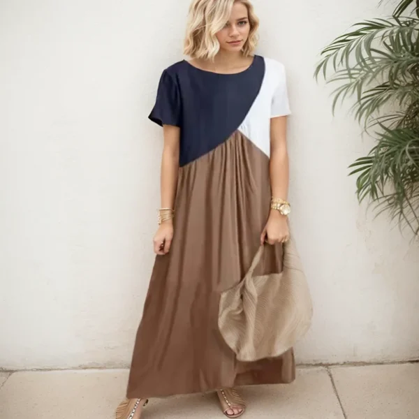 Fashion New Geometry Patchwork Women Dress Round Neck Daily Short Sleeve Long Dress Summer Causal Loose Higt Waist Beach Dress - Image 3