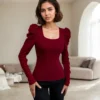 Korean Solid Color Knit T-Shirts Casual Splice Bubble Sleeve Slim Long Sleeve Knit Blouse High Street Sexy Square Collar Tops