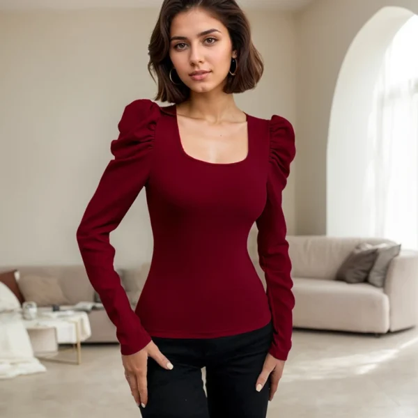 Korean Solid Color Knit T-Shirts Casual Splice Bubble Sleeve Slim Long Sleeve Knit Blouse High Street Sexy Square Collar Tops