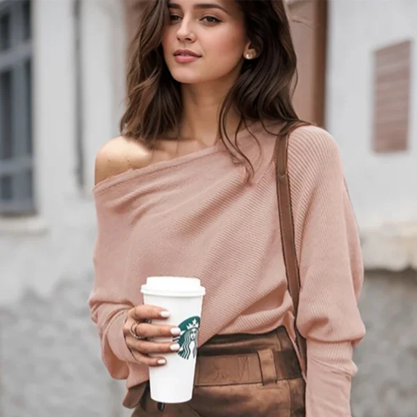 Sexy Off Shoulder Tops For Women Spring Autumn Loose Casual Solid Color Knitted Slash Neck Ribbed Dolman Sleeve Pullovers Blouse - Image 2