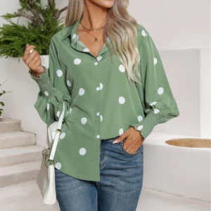 Korean Simple Light Green T-Shirts Fashion Elegant Ladies Office Turn Down Collar Lantern Sleeve Button Women Clothes Blouses