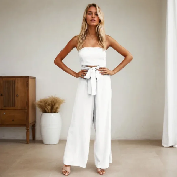 Bohemian Vacation Style Jumpsuit Casual Tube Top Strapless Sleeveless Backless Hollow Straps Jumpsuit Straight Pants For Women - Image 3