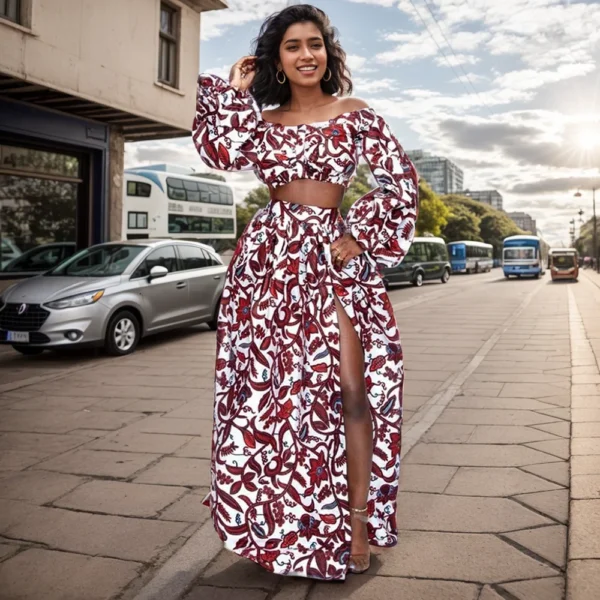 Fashion Ethnic Style Print Women Two Piece Set Sexy Slash Neck One Shoulder Short Sleeve Top & High Waist Maxi Skirt Ladies Suit - Image 3