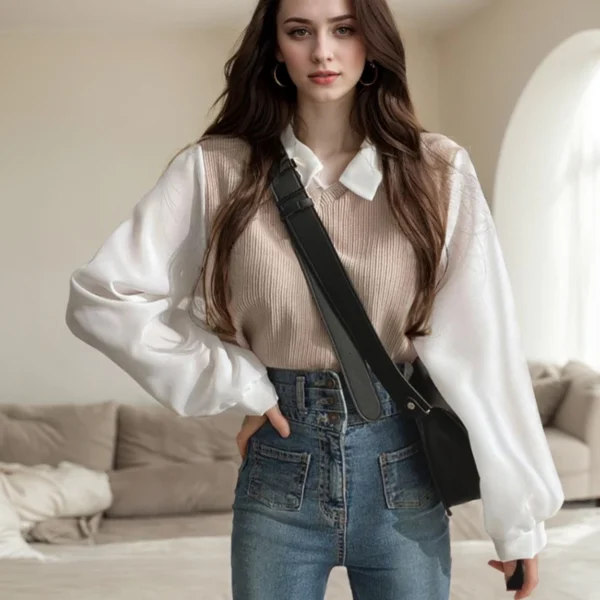 Y2k Sweet Women's T-Shirts Casual False Two-piece Patchwork Knitwear Blouse Loose Long Sleeve Turn-down Collar Pullover Blouses - Image 2