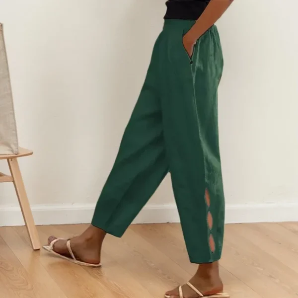 Elegant Solid Color Pants Office Commute Lady Cotton And Linen Pocket Button Decorate Trouser Legs Hollow Elastic Waist Trousers - Image 2