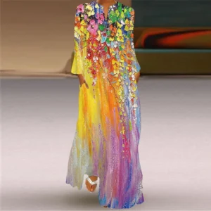 Women's Dress Elegant V-Neck Long Sleeve Fashion Ladies Party Maxi Dresses Vintage 3D Floral Printed Loose Dress Female Vestidos