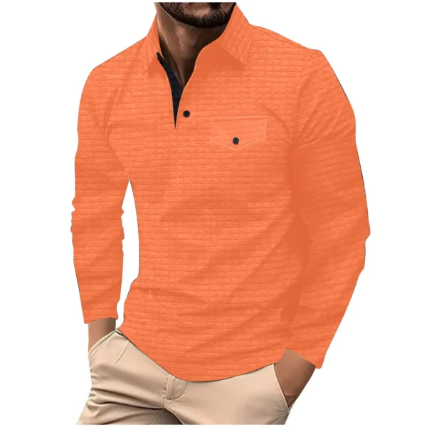 Cross border Spring and Fall men's slim-fit long-sleeved plaid POLO shirt with button pocket sports fitness polo shirt - Image 2