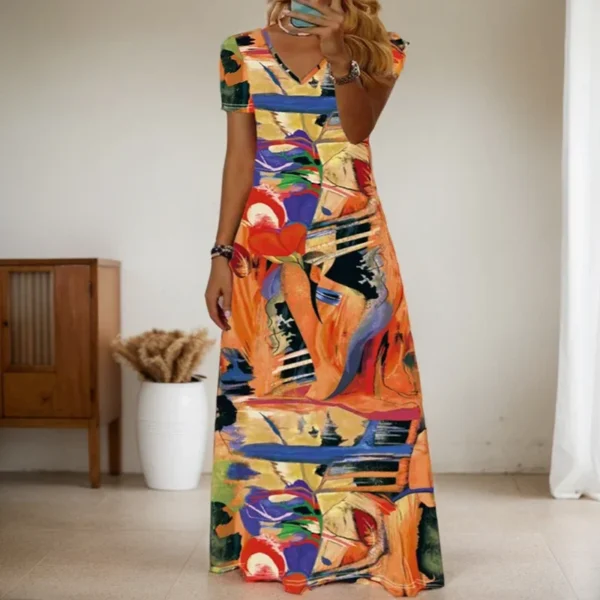 Streetwear Trendy Irregular Print Dress High Street V Neck Patchwork Leopard Print Short-sleeved Pullover Slim Fit Long Dresses - Image 2