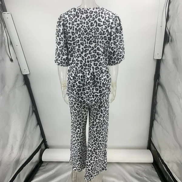Summer Half Sleeve Button Shirt Two Piece Set Vintage Cozy Leopard Print Crew Neck Top And Elastic Waist Straight Pants Suits - Image 5