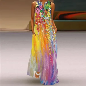 Retro Print V-neck Sleeveless Women Dress Causal Summer Fashion Long Dress Temperament Elegant Loose Straight Female Sundress