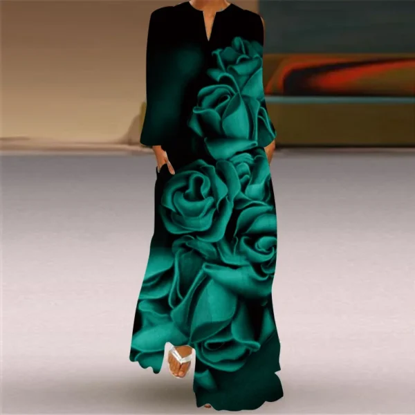 Women's Dress Elegant V-Neck Long Sleeve Fashion Ladies Party Maxi Dresses Vintage 3D Floral Printed Loose Dress Female Vestidos - Image 2