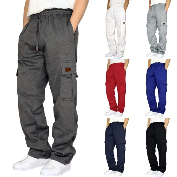 Cross-border autumn and winter hot new men's sports casual pants plus fleece foot multi-pocket rope loose cargo pants - Image 2