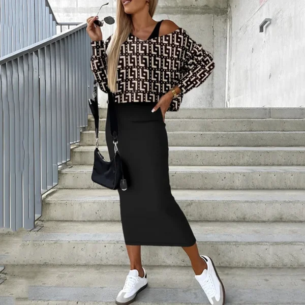 Two Piece Sets Women Printing V-Neck Sleeveless Bodycon Slim Dress & Batwing Long Sleeve Top Dress Suits Elegant Casual Female - Image 2