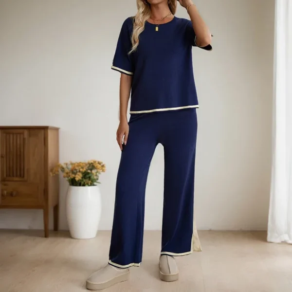 Korean Simple Solid Color Two Piece Sets For Women Casual Loose Slit Short Sleeve Tops High Waisted Wide Leg Trousers Suits - Image 6