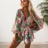 Streetwear Botanical Printed Jumpsuit Shorts For Women Sexy Hottie Deep V Neck Dolman Sleeve Lace Up Jumpsuit Shorts For Women