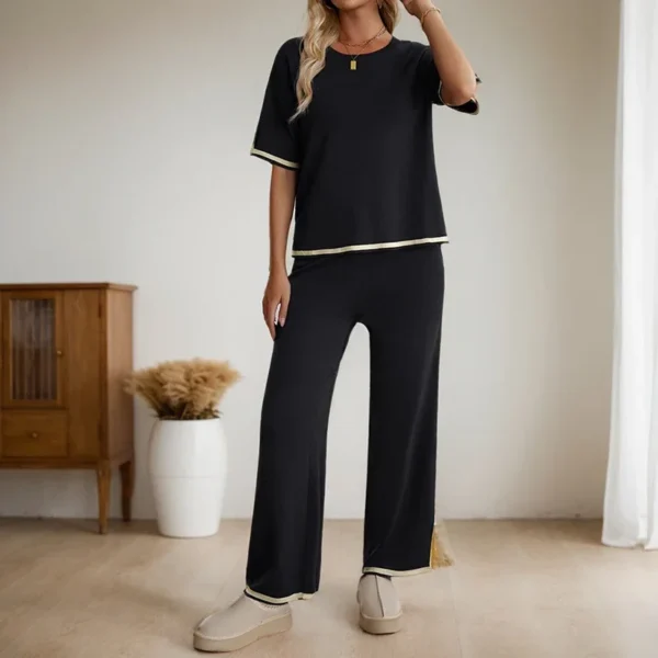 Korean Simple Solid Color Two Piece Sets For Women Casual Loose Slit Short Sleeve Tops High Waisted Wide Leg Trousers Suits - Image 5