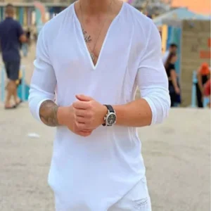 Summer men's T-shirt Solid color three-point sleeve V-neck casual shirt Loose fit Sweatshirt top Streetwear