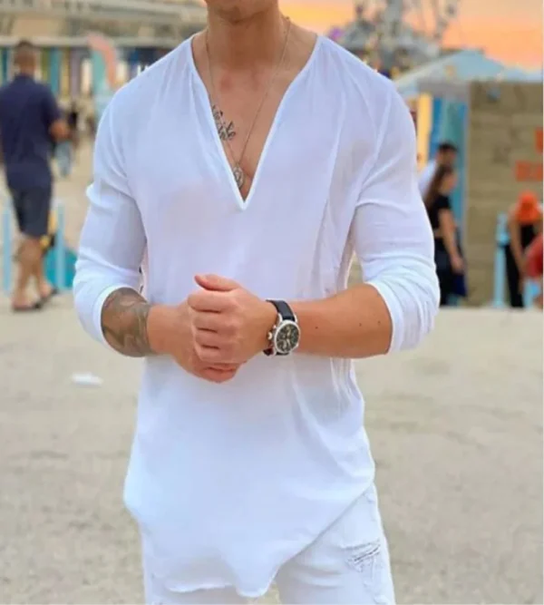 Summer men's T-shirt Solid color three-point sleeve V-neck casual shirt Loose fit Sweatshirt top Streetwear