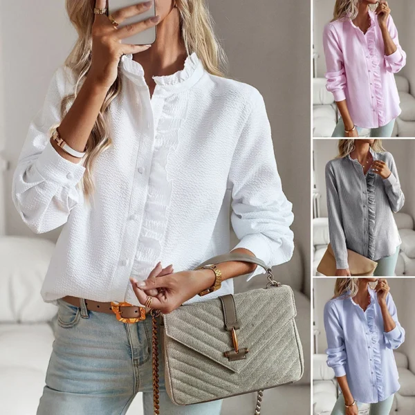 Fashion New Women Shirt Elegant Office Ruched Stand Collar Single Breasted Long Sleeve Top Causal Solid Comfort Simple Shirt - Image 6