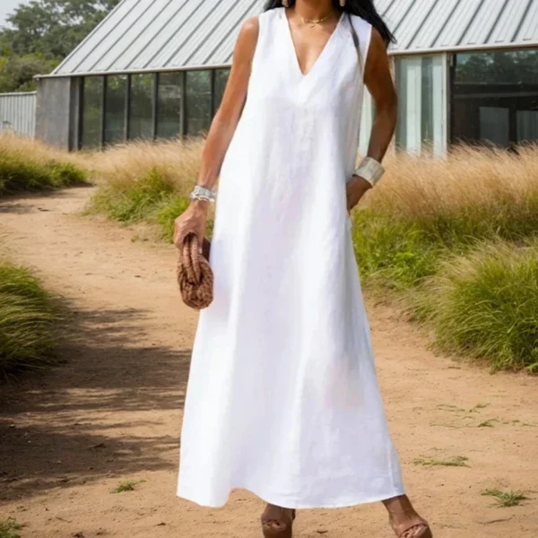 Spring Cotton Linen Long Dresses For WomenElegant Trendy Casual Solid Color V-neck Sleeveless Loose Pullover A-line Dresses - Image 2