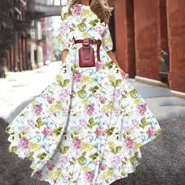 Fashion Trend Slim-fitting Printed Dresses High Street Round Collar Zipper Floral Print A-line Silhouette High Waist Dresss - Image 4