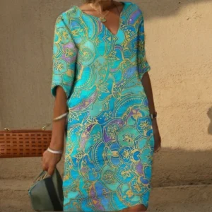 Vintage V-Neck Half Sleeve Printing Women Dress Causal Loose A-Line Knee Length Skirt 2023 Fashion New Female Sundress Vestidos
