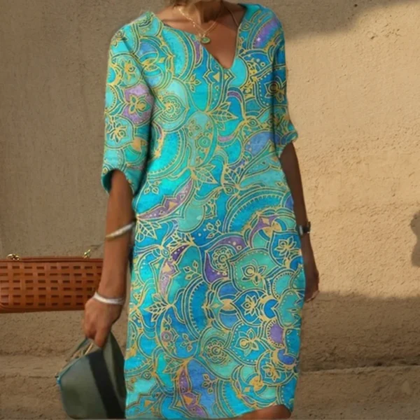 Vintage V-Neck Half Sleeve Printing Women Dress Causal Loose A-Line Knee Length Skirt 2023 Fashion New Female Sundress Vestidos