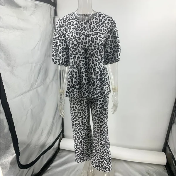 Summer Half Sleeve Button Shirt Two Piece Set Vintage Cozy Leopard Print Crew Neck Top And Elastic Waist Straight Pants Suits - Image 4