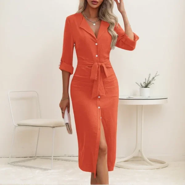 High Street Slit Hem Dress For Women Trend Solid Color Turn-down Collar V-neck Single-breasted Waist-closing Lace-up Dresses - Image 4